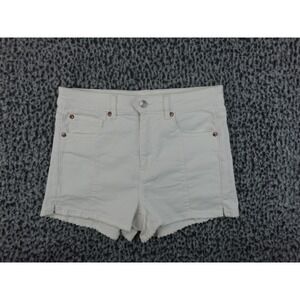 American Eagle Super High Rise Shortie White Denim Shorts Raw Hem Seamed Sz 6